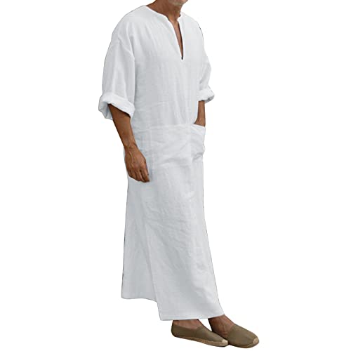 Kaftan Herren Baumwolle Leinen Sommer Cool Jilbab Herren Muslim Robe Gebetskleidung für Männer Islamische Kleidung Thobe Marokkanische Afghanische Arabische Kleidung Herren Tunika Abaya von Generic