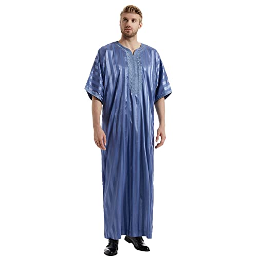 Kaftan Herren Bestickter Muslimischer Gestreifter Robe Muslim Tunika Muslimische Kleider Ethnische Maxikleid Ramadan Roben Taiji Kleidung V-Ausschnitt Ethnischen Verschleiß Lange Hemd Robe Nachthemd von Generic