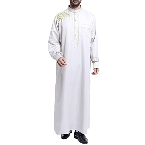 Kaftan Herren Sommer Bestickter Henley Shirt Langarm Robe Nachthemd Lange Freizeithemd Herren Muslim Robe Islamische Kleidung Thobe Herren Tunika Abaya Muslimische Kleider Ethnische Maxikleid von Generic