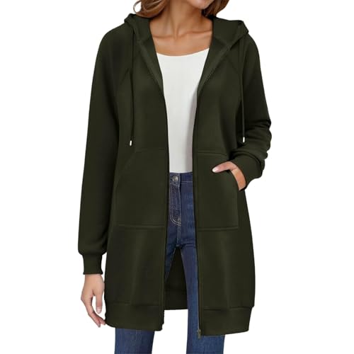 Kapuzenjacke Damen Lang Sweatjacke mit Kapuze Hoodie Jacke Übergangsjacke Casual Sweatshirts Einfarbig Strickjacke Herbst Winter Mantel Locker Kapuzenpullover mit Reißverschluss und Taschen von Generic
