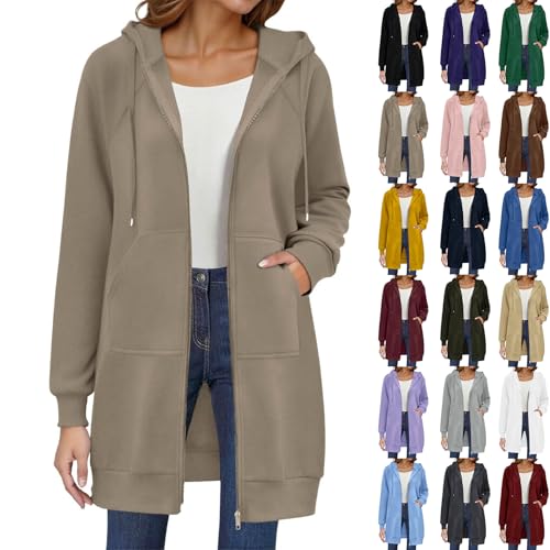 Kapuzenjacke Damen Lang Sweatjacke mit Kapuze Hoodie Jacke Übergangsjacke Casual Sweatshirts Einfarbig Strickjacke Herbst Winter Mantel Locker Kapuzenpullover mit Reißverschluss und Taschen von Generic