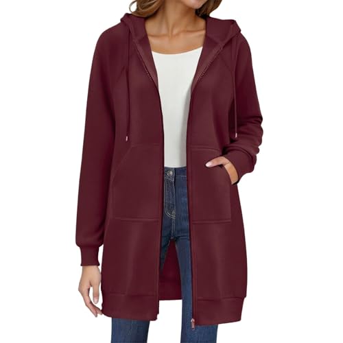 Kapuzenjacke Damen Lang Sweatjacke mit Kapuze Hoodie Jacke Übergangsjacke Casual Sweatshirts Einfarbig Strickjacke Herbst Winter Mantel Locker Kapuzenpullover mit Reißverschluss und Taschen von Generic