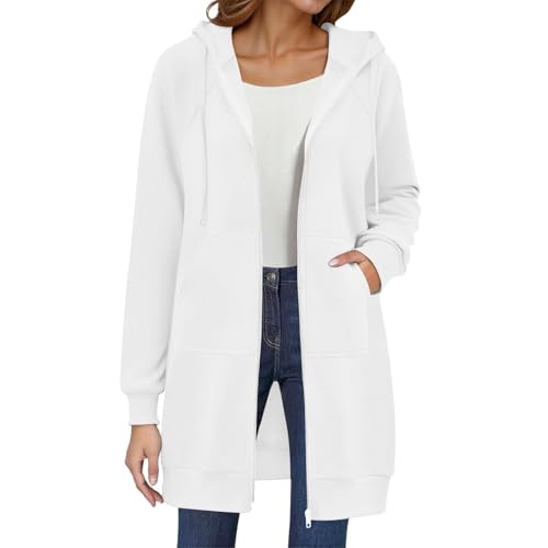 Kapuzenjacke Damen Lang Sweatjacke mit Kapuze Hoodie Jacke Übergangsjacke Casual Sweatshirts Einfarbig Strickjacke Herbst Winter Mantel Locker Kapuzenpullover mit Reißverschluss und Taschen von Generic