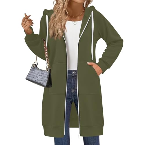 Kapuzenjacke Damen Lange Oversize Sweatjacke Leichte Langarm Sweatshirt Dünn Sportjacke Zip Up Kapuzenpullover mit Tasche Herbst Übergangsjacke Zipper Hoodie Jacke(A01 Army Green,L) von Generic