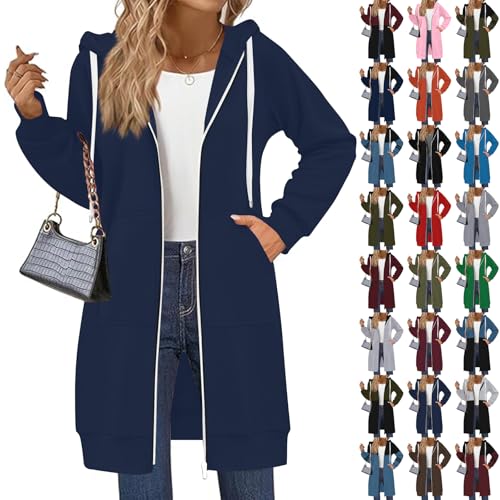 Kapuzenjacke Damen Lange Oversize Sweatjacke Leichte Langarm Sweatshirt Dünn Sportjacke Zip Up Kapuzenpullover mit Tasche Herbst Übergangsjacke Zipper Hoodie Jacke(A08 Navy,L) von Generic