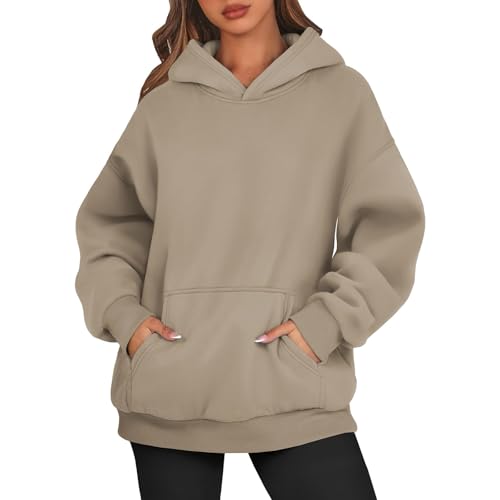 Kapuzenpullover Damen Einfarbig Basic Hoodie Pullover Langarm Herbst Winter Sweatshirt Oberteil Pulli mit Kängurutasche,Beige,L von Generic