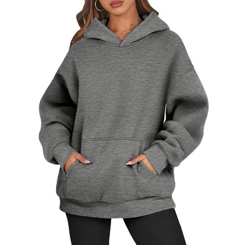 Kapuzenpullover Damen Einfarbig Basic Hoodie Pullover Langarm Herbst Winter Sweatshirt Oberteil Pulli mit Kängurutasche,Grau,L von Generic