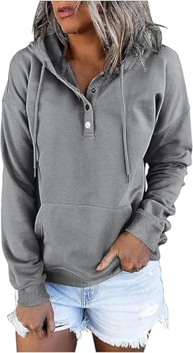Kapuzenpullover Damen Knopfleiste Hoodie Pullover Langarm Oberteile Sweater Kapuzenshirt Herbst Winter Einfarbig Warm Basic Hoody Freizeit Outwear Sport Style Training Sweatshirt Pulli von Generic