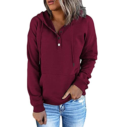 Kapuzenpullover Damen Knopfleiste Hoodie Pullover Langarm Oberteile Sweater Kapuzenshirt Herbst Winter Einfarbig Warm Basic Hoody Freizeit Outwear Sport Style Training Sweatshirt Pulli von Generic