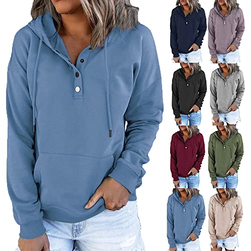 Kapuzenpullover Damen Knopfleiste Hoodie Pullover Langarm Oberteile Sweater Kapuzenshirt Herbst Winter Einfarbig Warm Basic Hoody Freizeit Outwear Sport Style Training Sweatshirt Pulli von Generic