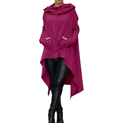 Kapuzenpullover Damen Lang Oversize Pullover Sweatshirt mit Kapuze Herbst Winter Langarm Hoodie Jacke Top VintageKapuzenpulli Einfarbig irregulär Sweatshirts mit Taschen und Kordelzug von Generic