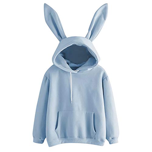 Kapuzenpullover Damen Pullover mit Niedlichem Häschenmotiv Sweatshirt mit Langen Ärmeln Hasen Ohren Kapuzen Fleecejacke mit Kordelzug und Taschen Bluse Damenbluse (b-Blue, XL) von Generic