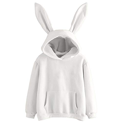 Kapuzenpullover Damen Pullover mit Niedlichem Häschenmotiv Sweatshirt mit Langen Ärmeln Hasen Ohren Kapuzen Fleecejacke mit Kordelzug und Taschen Bluse Damenbluse (b-White, XL) von Generic