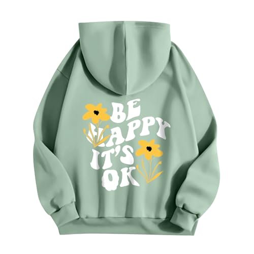 Kapuzenpullover Damen Textdruck Basic Hoodie Pullover Langarm Herbst Winter Sweatshirt Oberteil Pulli mit Kängurutasche,Grün,L von Generic
