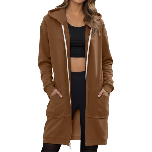 Kapuzenpullover Lang Sweatjacke Damen Kapuzenjacke Hoodie Sweatshirt Langarm Hoodie Jacke mit Reißverschluss Damen Strickjacke Kapuzenpulli Fall Winter Cardigan Streetwear (Kaffee, XXXL) von Generic