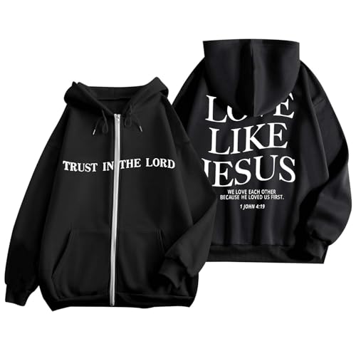 Kapuzenpullover für Damen mit Reißverschluss Trust In The Lord Hoodie Damen Christian Jesus Drucken Sweatjacke Kordelzug Kapuzenjacke Jacke Casual Y2K Locker Hoody Oversized Sweatshirts mit Taschen von Generic