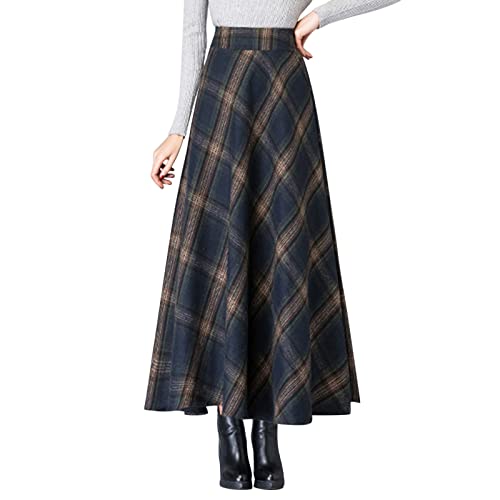 Kariert Winterrock Lang, Faltenrock Elegant, A-Linien Plaid Strickrock Damen Lang Wollrock Winter Warm Hohe Taille Herbst Rock Trachtenrock Mit Taschen Tellerrock Casual Thermorock von Generic