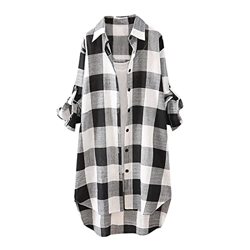 Karierte Bluse Damen Langarm| Lang Holzfällerhemd V Ausschnitt| Flanellhemd Damen Oversized Knopfleiste Longbluse Elegant Karohemd Langarmshirt Tank Top Shirt Dreiviertelarm Frauen von Generic