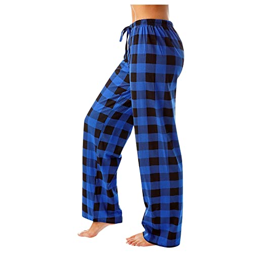 Damen Pyjamas Bottoms Weihnachten Pyjamas Hosen für Frauen Loose Lounge Plaid Schlafanzughose Lange Pyjamahose Damen Lang Karierte Pyjamahose Weites Bein Bottom Pants Blau XXL von Generic