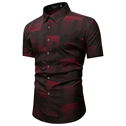 Karierte Kurzarmhemden Herren Frühling und Sommer Top Shirt Fashion Print Casual Einreiher Strandhemd Kurzarmhemd Herren Hemd Kurzarm Freizeithemd (Red, M) von Generic