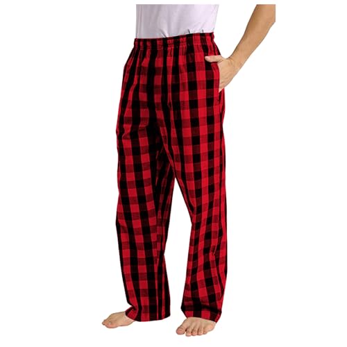 Karierte Schlafhose Herren Lang Pyjama Hosen Herren Rot Kariert Weihnachtshose Flanell Pyjama Hosen Baumwolle Nachtwäsche Pyjamaunterteil Freizeithose Pyjama Hosen für Männer mit Taschen von Generic
