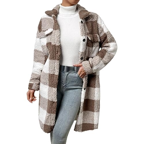 Karierte Winterjacke Damen | Plüschmantel Damen Lang Plüschjacke Vintage Mantel Parka Winter Warme Übergangsjacke Knopfleiste Revers Fleece Hemdjacke Plüschmantel Wintermantel Karierte-Fleecemantel von Generic