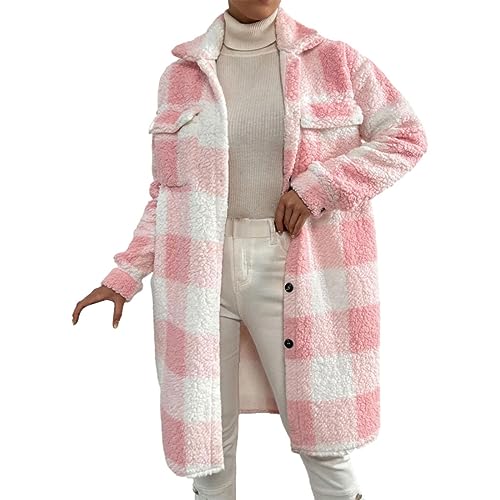Karierte Winterjacke Damen | Plüschmantel Damen Lang Plüschjacke Vintage Mantel Parka Winter Warme Übergangsjacke Knopfleiste Revers Fleece Hemdjacke Plüschmantel Wintermantel Karierte-Fleecemantel von Generic