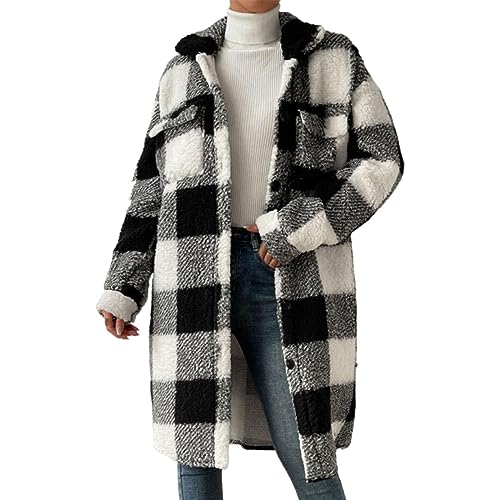 Karierte Winterjacke Damen | Plüschmantel Damen Lang Plüschjacke Vintage Mantel Parka Winter Warme Übergangsjacke Knopfleiste Revers Fleece Hemdjacke Plüschmantel Wintermantel Karierte-Fleecemantel von Generic