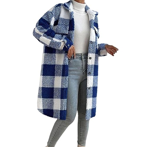 Karierte Winterjacke Damen | Plüschmantel Damen Lang Plüschjacke Vintage Mantel Parka Winter Warme Übergangsjacke Knopfleiste Revers Fleece Hemdjacke Plüschmantel Wintermantel Karierte-Fleecemantel von Generic