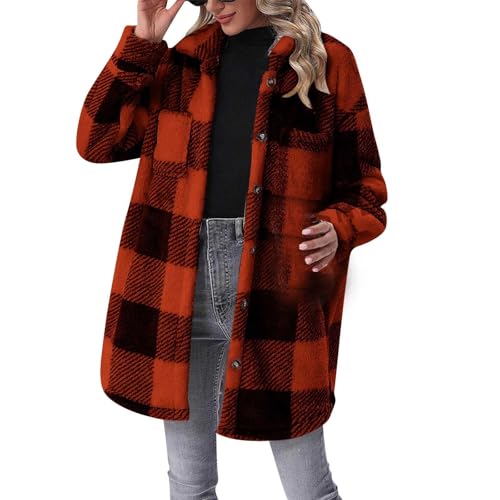 Karierte Winterjacke Damen | Plüschmantel Damen Lang Plüschjacke Vintage Mantel Parka Winter Warme Übergangsjacke Knopfleiste Revers Fleece Hemdjacke Plüschmantel Wintermantel Karierte-Fleecemantel von Generic