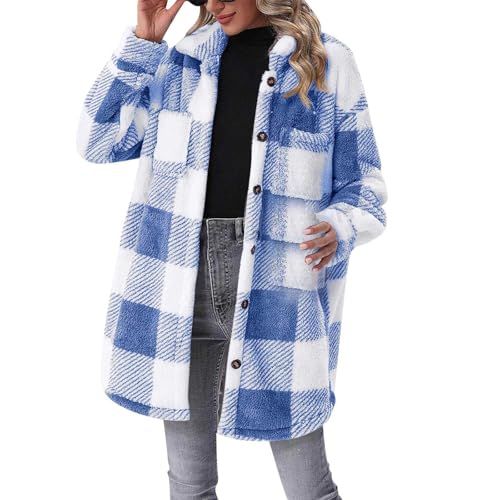 Karierte Winterjacke Damen | Plüschmantel Damen Lang Plüschjacke Vintage Mantel Parka Winter Warme Übergangsjacke Knopfleiste Revers Fleece Hemdjacke Plüschmantel Wintermantel Karierte-Fleecemantel von Generic