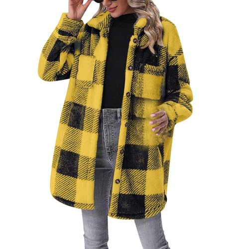 Karierte Winterjacke Damen | Plüschmantel Damen Lang Plüschjacke Vintage Mantel Parka Winter Warme Übergangsjacke Knopfleiste Revers Fleece Hemdjacke Plüschmantel Wintermantel Karierte-Fleecemantel von Generic