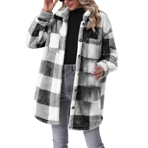 Karierte Winterjacke Damen | Plüschmantel Damen Lang Plüschjacke Vintage Mantel Parka Winter Warme Übergangsjacke Knopfleiste Revers Fleece Hemdjacke Plüschmantel Wintermantel Karierte-Fleecemantel von Generic