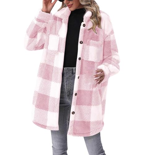 Karierte Winterjacke Damen | Plüschmantel Damen Lang Plüschjacke Vintage Mantel Parka Winter Warme Übergangsjacke Knopfleiste Revers Fleece Hemdjacke Plüschmantel Wintermantel Karierte-Fleecemantel von Generic