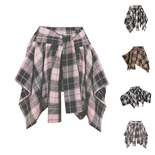 Karierter Rock Damen Vintage Plaid Faltenrock Casual Hohe Taille Swing Freizeitrock Unregelmäßiger Y2k Elegant Minirock Modische Kurzrock mit Karomuster Vintage Casualrock mit Gürtel von Generic