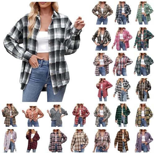 Kariertes Hemd Damen Button Down Karohemd Revers Langarmshirt Blusetop Knöpfen Karo Tops Hemdjacke Hemdbluse mit Taschen Baggy Passform Oberteile Teenager Mädchen Bluse Trendy Strandbluse Streetwear von Generic