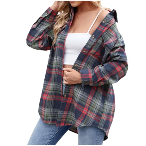 Kariertes Hemd Damen Knöpfen Revers Hemdjacke Karo Hemdbluse Oberteile Longshirt mit Taschen Longsleeve Baggy Passform Bluse Klassischer Schnitt Shirt Casual Teenager Mädchen Tops Streetwear von Generic