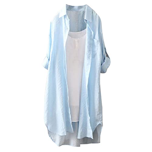 Kariertes Hemd Damen Lang,Karohemd Damen Langarm,Karierte Bluse Frauen Leicht und Luftig Langarmshirt Einfarbig Knopfleiste Hemd Leinenbluse Lose Longbluse Blusenshirt Oberteile Hemden Lässig Sommer von Generic