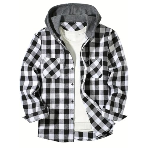 Kariertes Hemd Herren Holzfällerhemd Männer Langarm Hoodie Jacke Button Down Freizeithemd Mit Brusttasche Outdoor Holzfäller Jacken Casual Arbeitshemd Bequeme Kapuzenjacke Sweatjacke von Generic