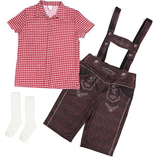 Kariertes Trachtenhemd Trachtenset Jungen Lederhose Trachtenhose Für Oktoberfest Kinder Trägerlederhose Socke Mit Hemd Set Für Feste Vintage Trachtenhosen Kurz Trachtenlederhose (1-Red, 8-10 Years) von Generic
