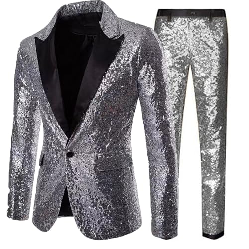 Karneval Anzug Herren 2-teilige Disco-Sets Pailletten Sakko Glitzer Jacke und Hose Anzugjacken Fasching Metallic-Paillettenanzüge Glitzerjacke Glitzeranzug Disco Performance-Kostüm Party Outfit von Generic