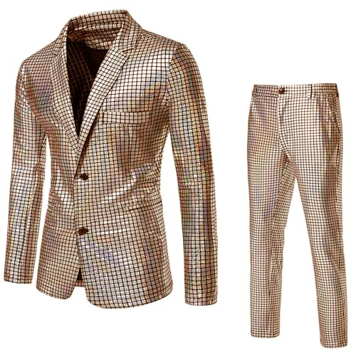 Karneval Anzug Herren 2-teilige Disco-Sets Pailletten Sakko Glitzer Jacke und Hose Anzugjacken Fasching Metallic-Paillettenanzüge Glitzerjacke Glitzeranzug Disco Performance-Kostüm Party Outfit von Generic
