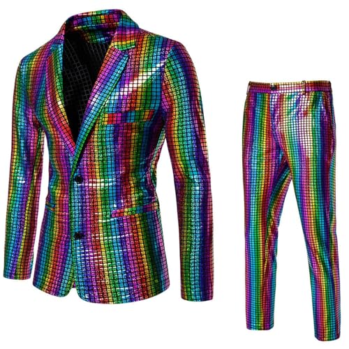 Karneval Anzug Herren 2-teilige Disco-Sets Pailletten Sakko Glitzer Jacke und Hose Anzugjacken Fasching Metallic-Paillettenanzüge Glitzerjacke Glitzeranzug Disco Performance-Kostüm Party Outfit von Generic