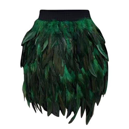 Karneval Kostüm Damen Feder Rock Elastische Taille Party Minirock Tüllrock Damen Festival Outfit Damen Tüllrock Damen Pfau Kostüm Schlanke Hüfte Feder Rock Damen Federrock (I-Green, XXL) von Generic