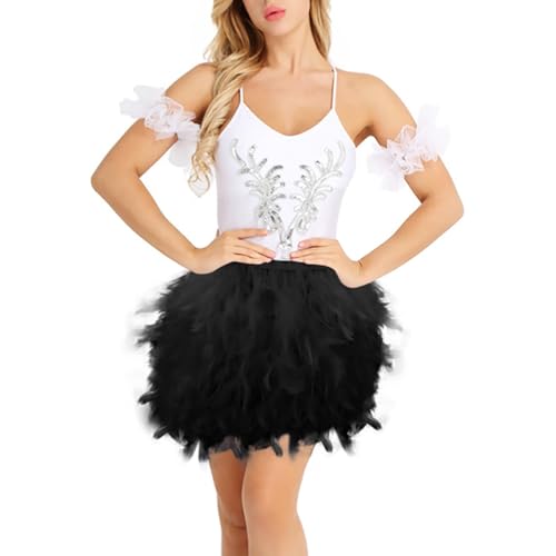 Karneval Kostüm Damen Feder Rock Elastische Taille Party Minirock Tüllrock Damen Festival Outfit Damen Tüllrock Damen Pfau Kostüm Schlanke Hüfte Feder Rock Damen Federrock Ballettkleidung (Black-1, L) von Generic