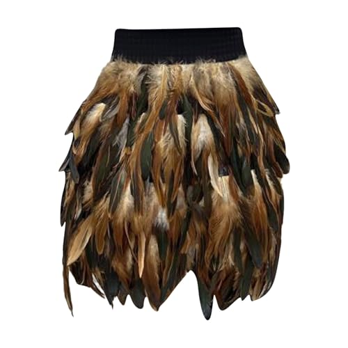 Karneval Kostüm Damen Feder Rock Elastische Taille Party Minirock Tüllrock Damen Festival Outfit Damen Tüllrock Damen Pfau Kostüm Schlanke Hüfte Feder Rock Damen Federrock Ballettkleidung (I-Khaki, M) von Generic