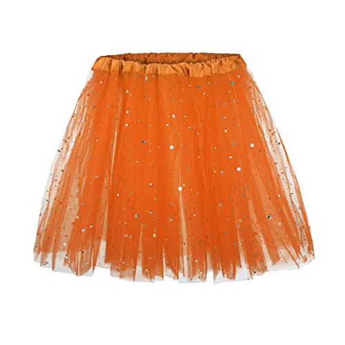 Karneval Kostüm Damen Tüllrock Stern Pailletten Tütü Rock Puffy 80er Tüll Unterrock Minirock Dehnbaren Tutu Rock Erwachsene Ballettrock Tüllrock für Party Ballett Tanzen (B-Orange, One Size) von Generic