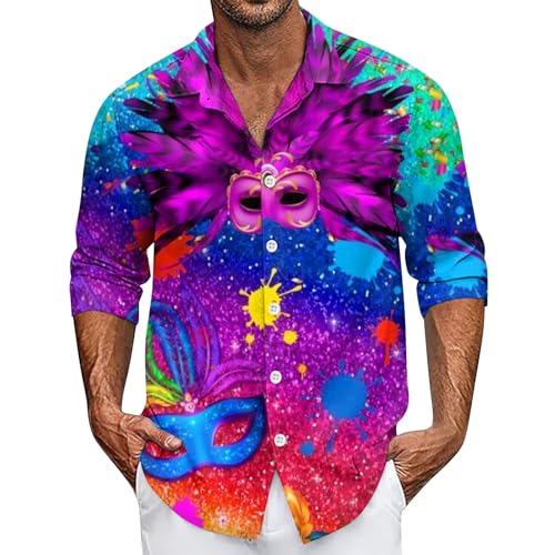 Karneval Kostüm Herren, Herren Hemd Fasching Partner Erwachsene Hippie Kostüm Lustig Mode Oversize Kostüme Langarm 2023 Festliches Outfit Köln Karneval(Purpur Rosa,3XL) von Generic