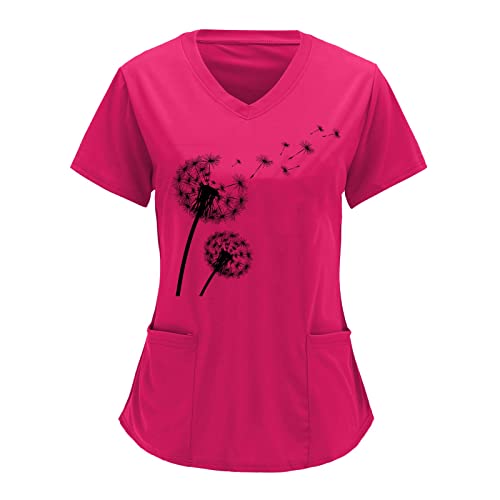 Kasack Damen Pflege Günstig Frauen Print Kurzarm V-Ausschnitt Solide Shirts Bluse Tops mit Taschen Top Sexy Oberteil (Hot Pink, XL) von Generic