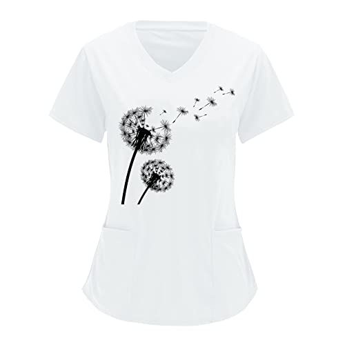 Kasack Damen Pflege Günstig Frauen Print Kurzarm V-Ausschnitt Solide Shirts Bluse Tops mit Taschen Top Sexy Oberteil (White, XL) von Generic